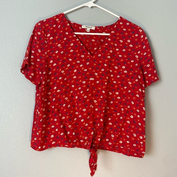 Madewell Tops - Madewell Red Tie Front Short Sleeve Blouse
